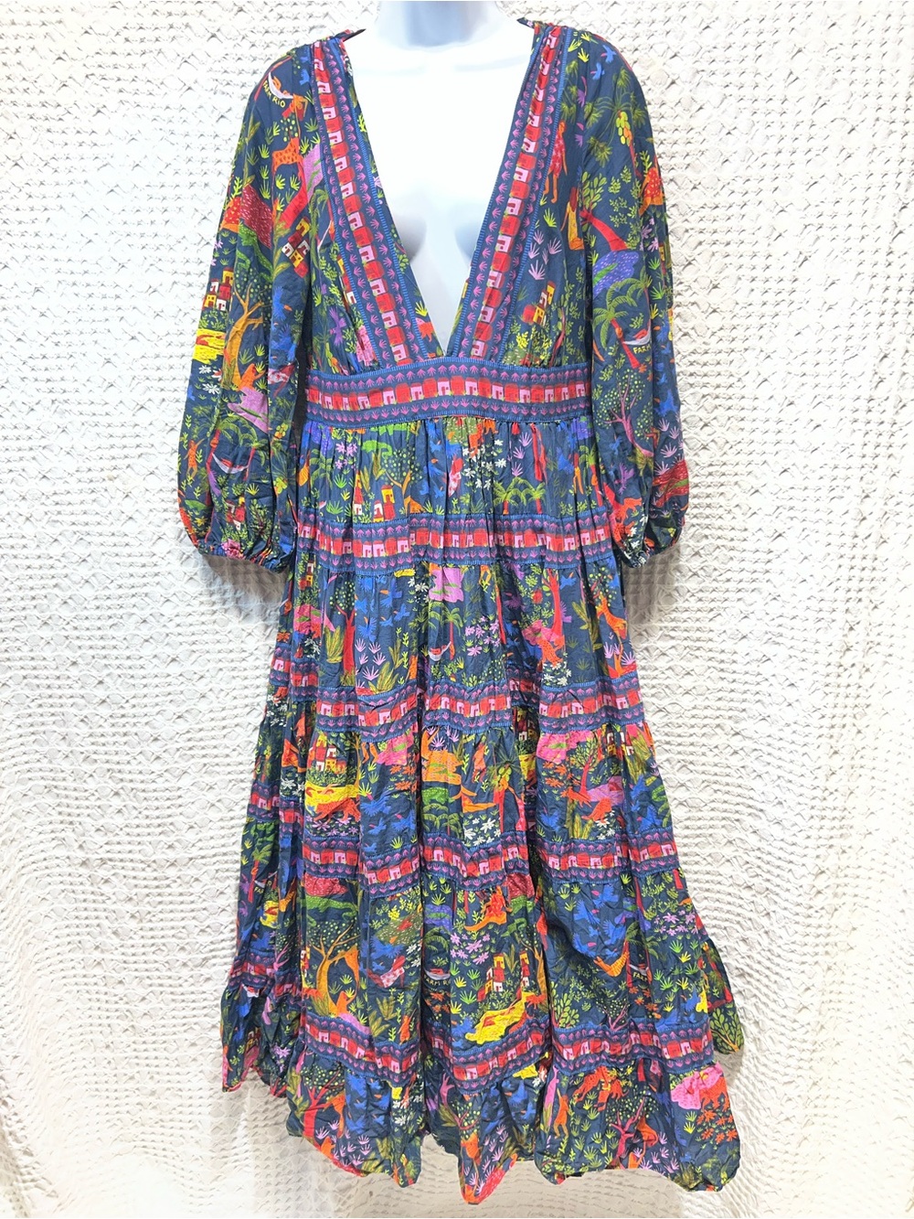 FARM Rio V-Neck Tiered Midi Dress in Multicolor Print Sz M - Picture 3 of 9